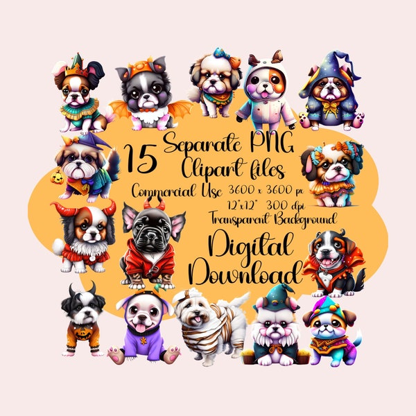 Halloween Puppy Party Clipart PNG Set, 15 Dogs in Costumes, Commercial Use Clipart, Instant Download, Digital Item Only