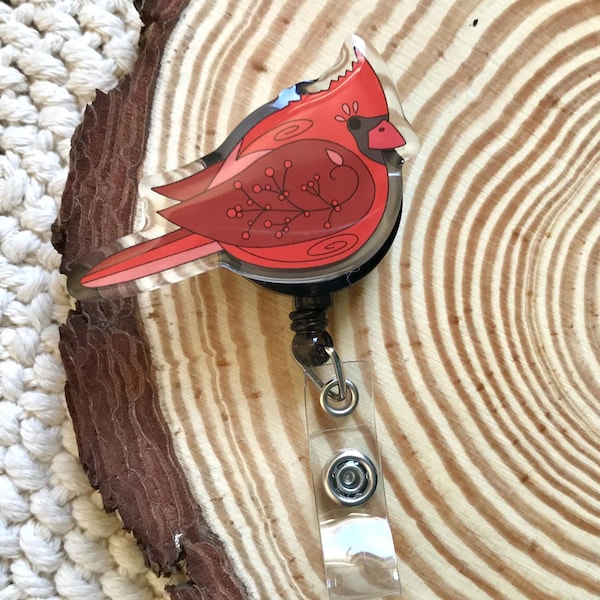 Folk Art Cardinal ID Badge Reel: Cottagecore Bird Retractable Badge Holder