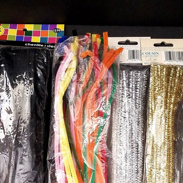 Destash-  4 Bags Assorted Pipe Cleaners, Chenille Stems, Black, Silver, Gold & Rainbow, Craft Supply, Party Supply, Cleaning, Art, Floral