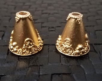 Gold Bali Bead Caps, Set of 2, Ornate Tassel-Cone Shape, Satin Matte Finish, Jewelry Supply, Jewelry Finding, Bead Supply, Jewelry Caps, 24K