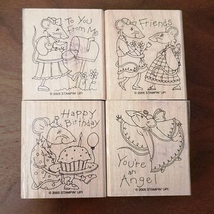 Stampin Up Rubber Stamps, Set of 4, Birthday-Friends-Angel-To You From Me, 2005 Mice, Wood Mount,  Scrapbook, Papercraft, Kid Craft, Supply