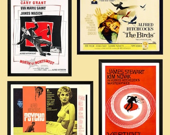 Alfred Hitchcock Poster Set Vertigo, North by Northwest, Psycho & The Birds