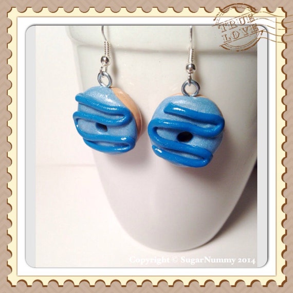 Blue Donut Earrings, Glazed Donuts, Donut Jewelry, Polymer Clay, Kawaii Clay Charm, Silver Earrings, Blue Jewelry, Tiny Clay Food