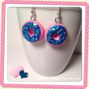 Pink Donut Earrings, Bluberry Frosting, Glazed Donuts, Polymer Clay, Kawaii Clay Charms, Donut Jewelry, Tiny Clay, Clay Food,