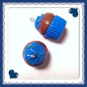 Cupcake Charms, Blueberry Cupcakes, Chocolate Cupcakes, Polymer Clay, Kawaii Clay Charms, Silver Charms, Blue Frosting, Tiny Clay Food, Cute