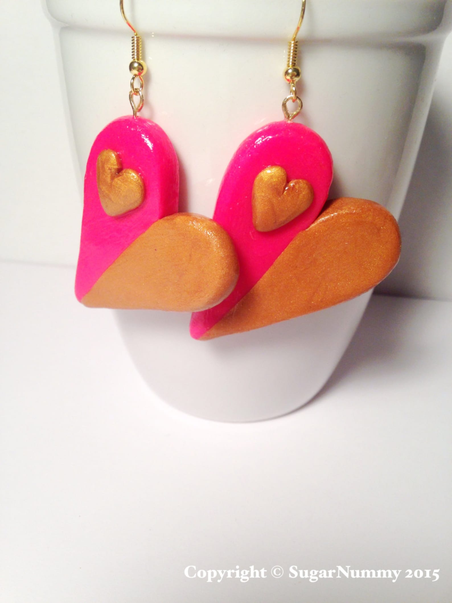 Heart Earrings, Pink and Gold, Hot Pink Jewelry, Gold Earrings, Heart ...
