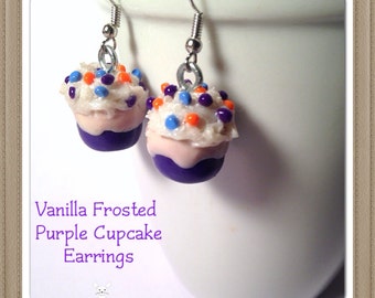 Polymer Clay Vanilla Frosted With Sprinkles Cupcake Earrings - Dessert Jewelry - Cake Earrings - Kawaii Jewelry - Confetti Sprinkles