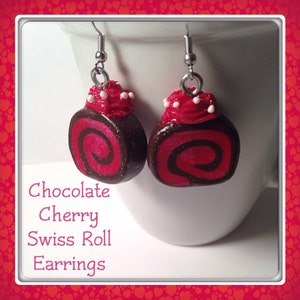 Swiss Roll Earrings, Chocolate Earrings, Kawaii Clay Charms, Polymer Clay, Cookie Earrings, Bakery Gift, Chocolate Cherry, Silver Earrings