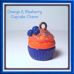 Blueberry Cupcake Charm, Orange Cupcakes, Polymer Clay, Kawaii Clay Charms, Orange & Blueberry, Copper Jewelry, Tiny Clay Food, Miniature