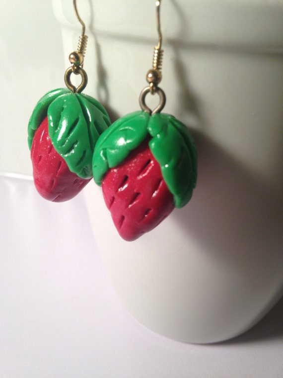 Strawberry Earrings, Fruit Jewelry, Clay Strawberries, Polymer