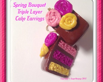 Cake Earrings, Spring Flowers, Flower Cake, Polymer Clay Cake, Kawaii Cake Charms, Pink Earrings, Tiny Clay Food, Miniature Bakery, Frosting