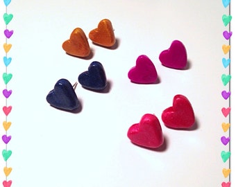 Heart Earrings, Heart Posts, Polymer Clay, Tiny Clay Hearts, Blue Heart, Gold Jewelry, Miniature Earrings, Small Posts, Tiny Clay Posts