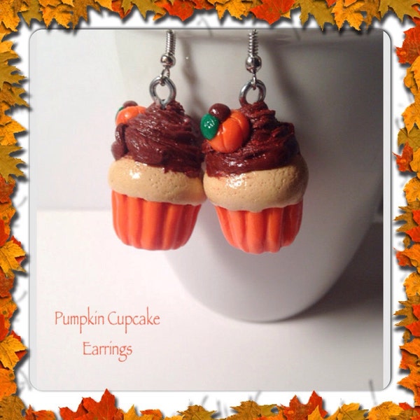 Pumpkin Cupcakes, Cupcake Earrings, Polymer Clay, Kawaii Clay Charms, Tiny Pumpkin, Orange Jewelry, Silver Earrings, Clay Pumpkin, Chocolate