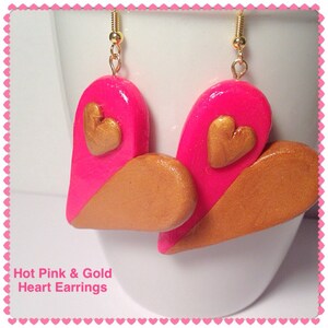 Heart Earrings, Pink and Gold, Hot Pink Jewelry, Gold Earrings, Heart Shaped, Polymer Clay Hearts, Gold Jewelry, Two Toned, Kawaii Hearts