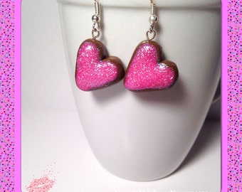 Pink Heart Earrings, Chocolate Hearts, Pink Frosted, Polymer Clay, Kawaii Clay Hearts, Silver Earrings, Chocolate Cookies, Pink Glitter