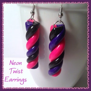 Neon Twist Earrings, Hot Pink Jewelry, Polymer Clay, Kawaii Clay Charms, Candy Earrings, Tiny Clay Food, Silver Earrings, Neon Colors, Pink