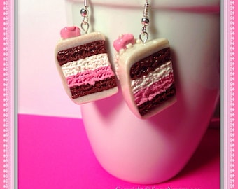 Neopolitan Cake Earrings, Cake Jewelry, Polymer Clay, Kawaii Clay Charms, Silver Earrings, Tiny Clay, Clay Cakes, Miniature Bakery