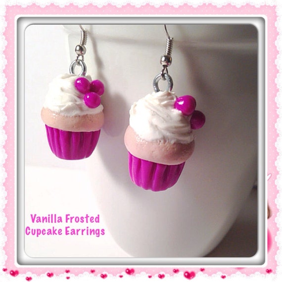 Cupcake Earrings, Frosted Cupcakes, Polymer Clay Food, Cupcake Jewelry, Raspberry Earrings, Tiny Clay Food, Miniature Bakery, Clay Desserts