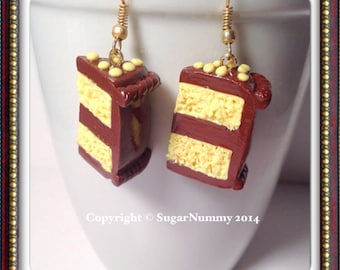 Lemon Cake Earrings, Chocolate Cake, Kawaii Clay Charms, Miniature Food, Dessert Jewelry, Polymer Clay, Gold Earrings, Tiny Cake, Cake Slice