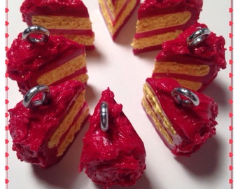 Cherry Cake Charms, Lemon Cake, Kawaii Clay Charms, Polymer Clay, Tiny Clay Food, Miniature Bakery, Silver Jewelry, Red Frosting, Cake Slice