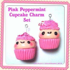 May include: Two pink cupcake charms with smiling faces, black eyes, and rosy cheeks. The left charm has red sprinkles on pink frosting, while the right charm features a small peppermint candy. Each has a silver metal eye pin for hanging.