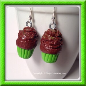 Chocolate Mint Cupcake Earrings, Chocolate, Polymer Clay, Kawaii Clay Charms, Silver Earrings, Lime Green Jewelry, Clay Food, Tiny Clay