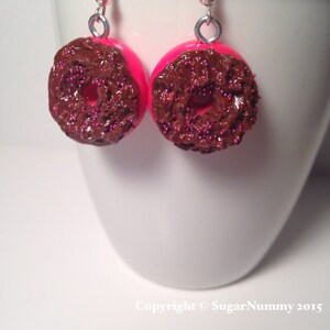 Pink Donut Earrings, Chocolate Frosted, Tiny Clay Foods, Polymer Clay, Kawaii Clay Charms, Mini Donuts, Jewelry, Silver Earrings