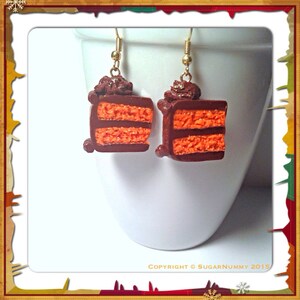 Orange Cake Earrings, Chocolate Orange, Polymer Clay, Kawaii Clay Charms, Cake Slices, Tiny Clay Food, Chocolate Frosting, Miniature Cake