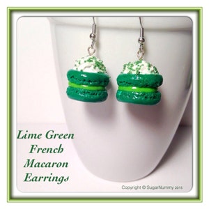 Lime Macaron Earrings, French Macarons, Polymer Clay, Kawaii Clay Charms, Tiny Clay Food, Food Jewelry, Silver Earrings, Cookie Earrings