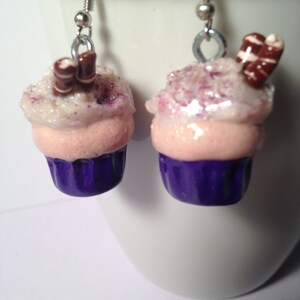 Polymer Clay Shimmery Frosted Vanilla Cupcakes With Chocolate Earrings - Purple - Cupcake Jewelry - Miniature Foods - Frosting