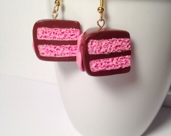Cake Earrings, Chocolate Cake, Polymer Clay Cake, Kawaii Clay Charms, Heart Jewelry, Tiny Clay Food, Dessert Earrings, Gold Earrings, Pastry