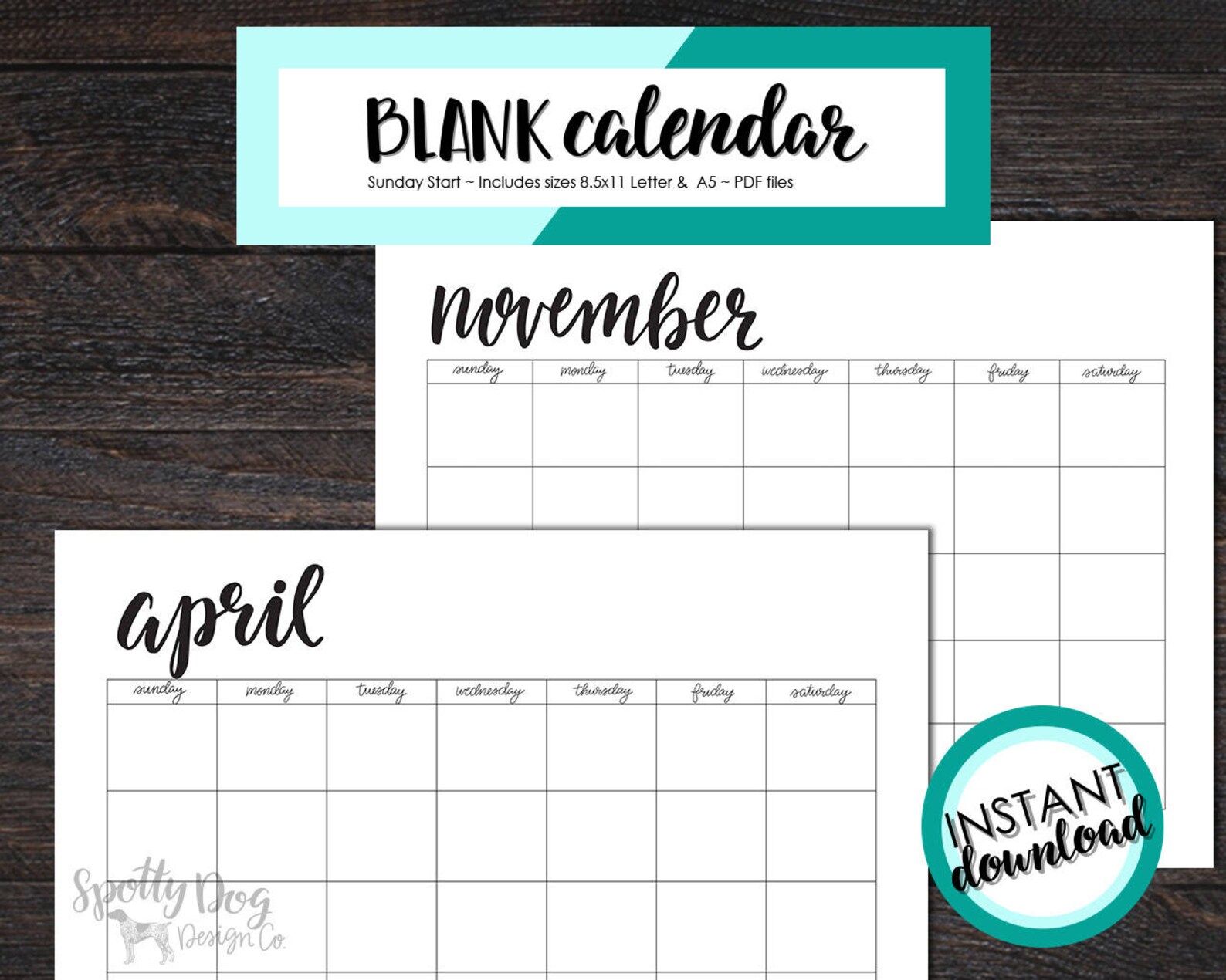 Blank Calendar Black & White Simple Calendar Instant - Etsy