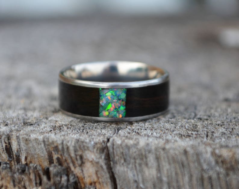 Wood opal inlay ring titanium opal ring engagement ring Etsy