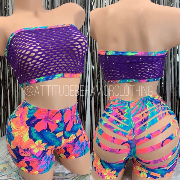 Mamacita Floral Shorts Set - Exotic Dancewear - Stripper Clothes - Stripper Outfits - Exotic Dancewear Two Piece