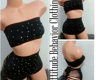 Exotic Dancewear - Stoned 2pc Bandeau Set - 2pc Sets - Lingerie Sets
