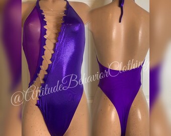 One-of-a-Kind Fishnet Purple Lace Up Halter Bodysuit – Stage & Nightlife Wear