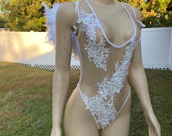 Icy Angel Illusion Bodysuit with Wings
