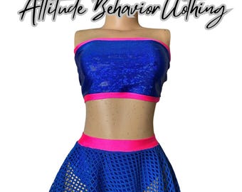 One-of-a-Kind Blue and Pink Fishnet Skirt with Top – Stage & Nightlife Wear