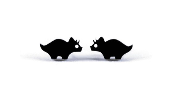 Triceratops Chibi Dinosaur Stud Earrings Black Acrylic Etsy