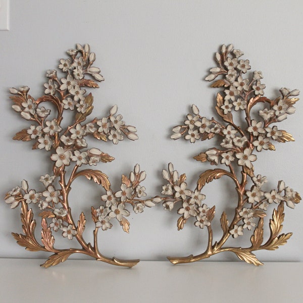 vintage gold decor, syroco dogwood wall hangings, gold wall decor, ornate floral wall art, hollywood regency decor, plastic, bamboo