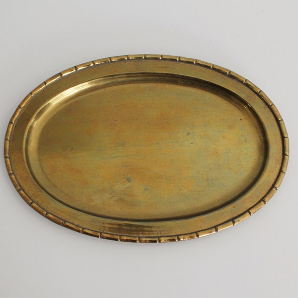 vintage brass tray, small brass serving tray, ornate brass tray, solid brass serving tray, brass home decor, aged brass decor, oval, bamboo