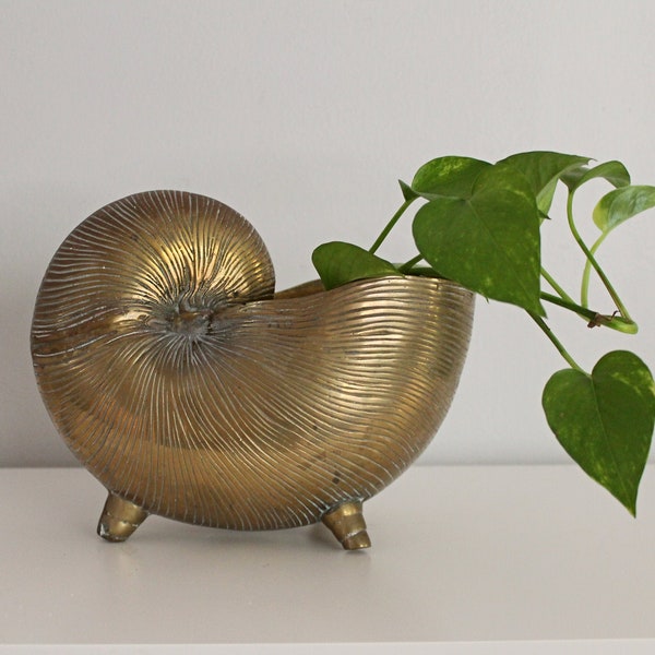 LARGE vintage brass shell planter, nautilus footed planter, brass bowl, brass centerpiece, brass home decor, coastal decor, mid century