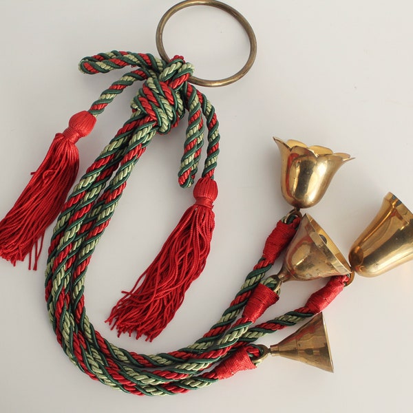 PRETTY vintage Christmas bells, brass bells, vintage Christmas decorations, red green gold twisted rope