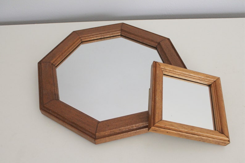 Vintage Wood Framed Mirror Set Rustic Octagon Square Small Home Decor