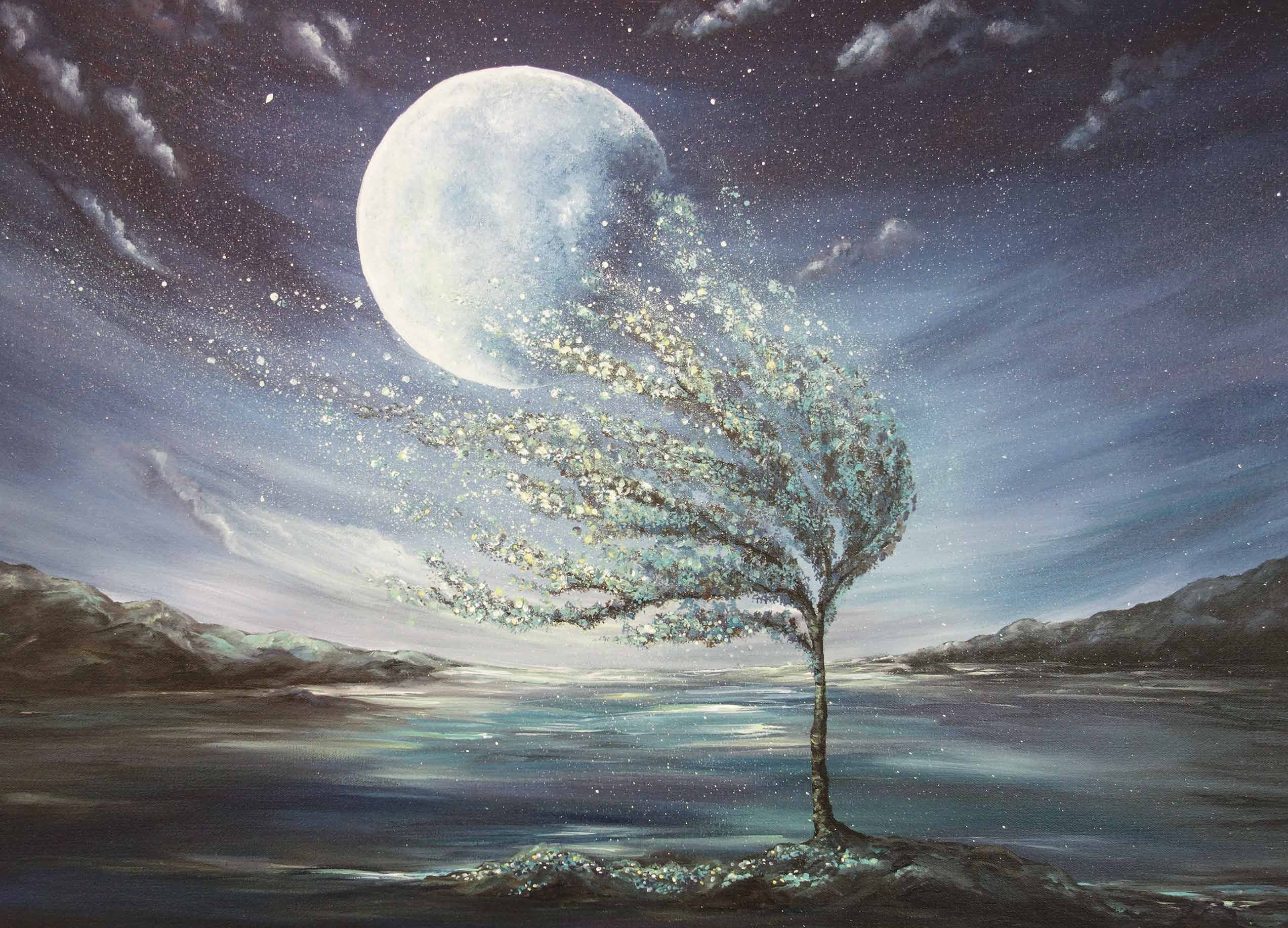 The Moonlight Tree Painting Full Moon Tree Wall Art Large Etsy