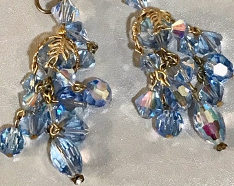 Miriam Haskell?  Blue Crystal Waterfall Chandelier Earrings, AB Crystal Beads, Clip On, Vintage Unsigned Beauties in Excellent Condition