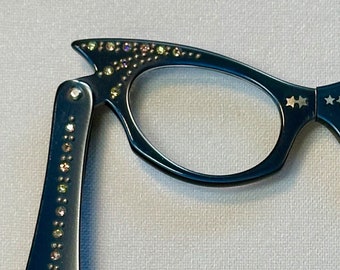 Vintage Lorgnette Reading Glasses, Eyeglasses in Navy Blue with Crystal Sets and Brass Studs, Stars Over the Nose, with Case from Hong Kong