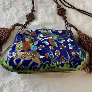 Borsa vintage in smalto cloisonné: motivo cervo, inizio XX secolo