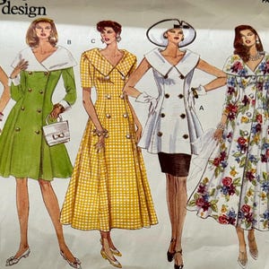 May include: Vogue Basic Design sewing pattern featuring illustrations of five different women's dresses. The dresses include a red polka dot dress, a green coat dress, a yellow gingham dress, a white coat dress, and a floral print dress.