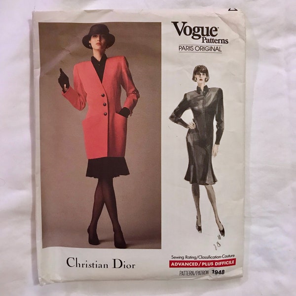 Dress and Jacket, Christian Dior Paris Original, Vogue Size 8, Cut and Checked Sewing Pattern